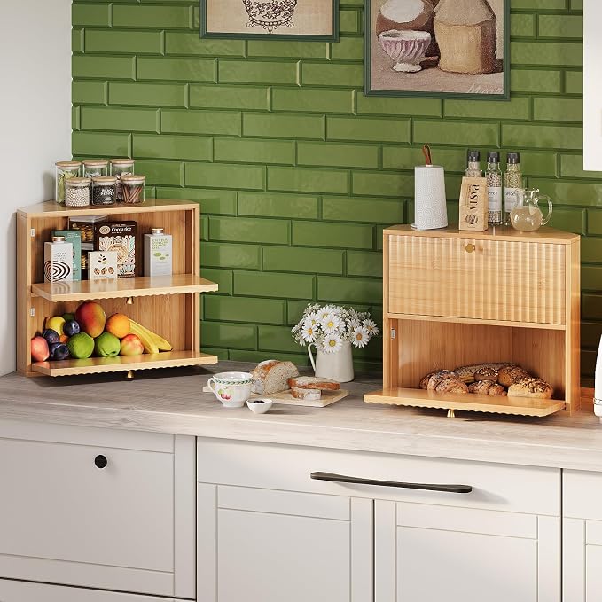 Trironsun Corner Bread Box for Kitchen Countertop Bamboo Two Layer Large Capacity Bread Storage Bin Vintage Storage for Homemade Bread (Natural Bamboo) - Image 6