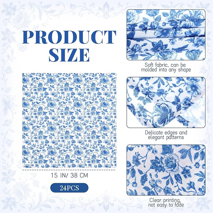 Tegeme 24 Pcs Blue and White Floral Cloth Napkins 15" x 15" Reusable Cotton Napkins, Blue Floral Napkin for Spring Tea Party, Wedding, Catering & Home Decor - Image 2