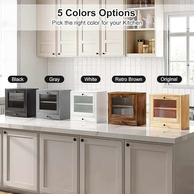 Alpeir Wooden Bread Box for Kitchen Countertop, Large Capacity with Ventilation Holes Adjustable Tiered-Shelf, Vintage Farmhouse Breadbox with Drawer & Window, Longer Freshness, Black - Image 5