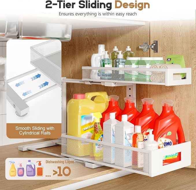 2 Pack 17IN Depth Under Sink Storage Organizer, Large 2-Tier Elegant Mesh Pull Out Shelf for Kitchen and Bathroom Cabinet Organization, L-Shaped and Adjustable Height Design-White - Image 4