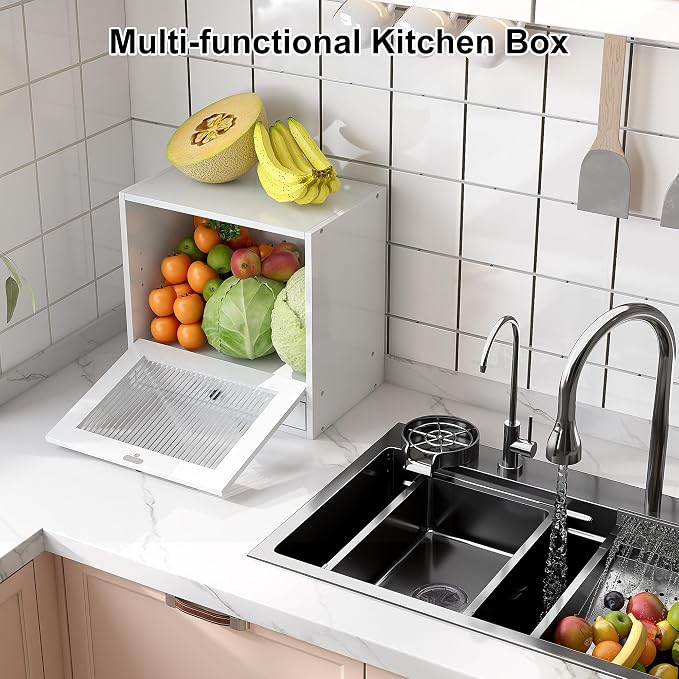 Alpeir Wooden Bread Box for Kitchen Countertop, Large Capacity with Ventilation Holes Adjustable Tiered-Shelf, Vintage Farmhouse Breadbox with Drawer & Window, Longer Freshness, White - Image 7