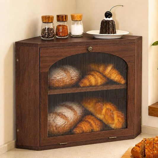 Corner Bread Box for Kitchen Countertop, Solid Wood, Walnut | 2-Tier Large Capacity, Wooden Bread Box, Vintage Farmhouse Breadbox, Pine Wood, Bread Storage Container, Adjustable Shelf by CheerNest