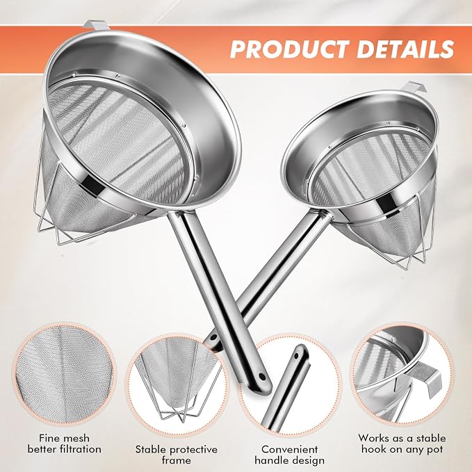 Nuogo 2 Set Stainless Steel Chinois Strainer Fine Mesh Metal Food Bouillon Sieve Strainer Cone Fine Mesh Strainer with Handle and Silicone Spatula for Sauce Jam Jelly Tea(10 Inch+8 Inch) - Image 3