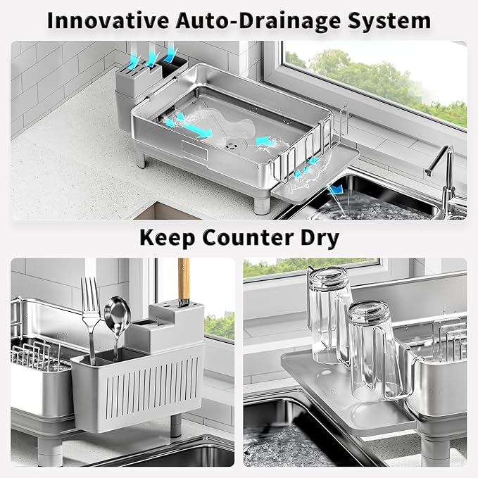 Dish Drying Rack, 304 Stainless Steel Dish Racks for Kitchen Counter | Dish Drainers with Automatic Drainage, Utensil Holder & Cups Holder, Space Saving Kitchen Organizer, Gray - Image 4