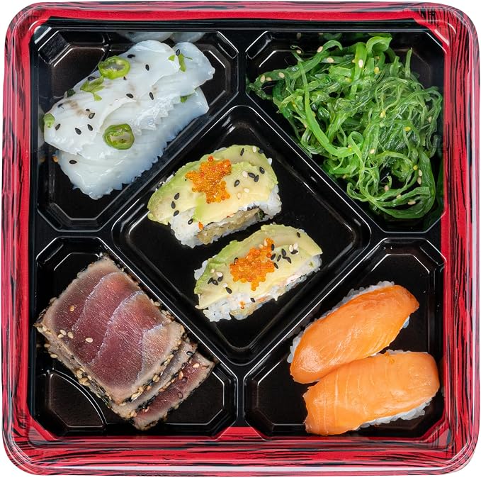Restaurantware Bento Tek 18.6 Ounce Meal Prep Containers, 100 Disposable To Go Food Boxes - Lids Sold Separately, 5 Compartments, Red And Black Plastic Bento Lunch Boxes, Freezable, For Take Out - Image 10