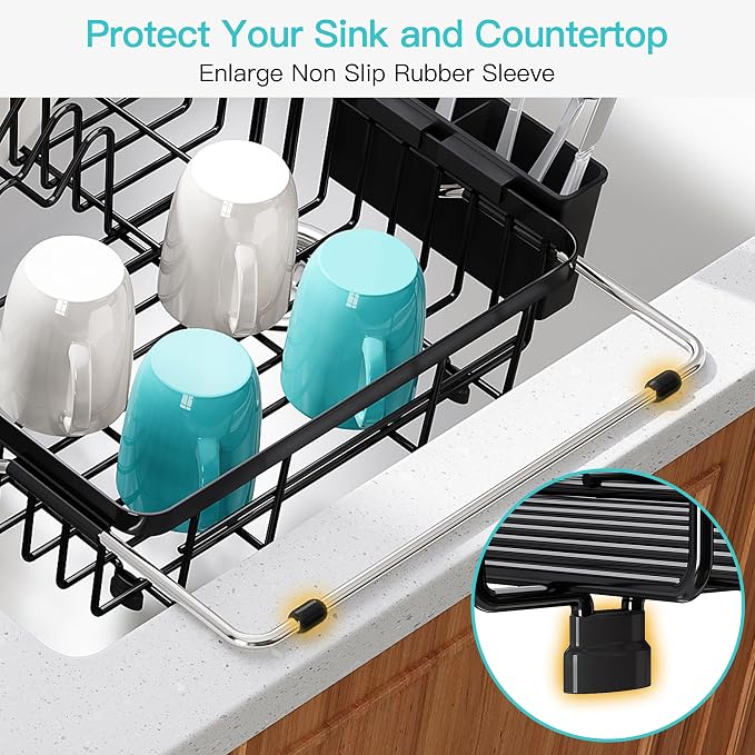 JASIWAY Black Dish Drying Rack Over the Sink with Utensil Holder | Expandable Stainless Steel Dish Driainers for Small Kitchen, Counter Space Saving, Fast Drain, Rust Resistant, For Apartment - Image 7