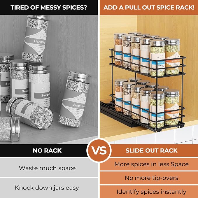 Mystozer Pull Out Spice Rack Organizer for Cabinet, Slide Out Spice Racks, Easy to Install, 4.33" Wx10.43 Dx8.66 H, 1 Drawer 2 Tiers(Black) - Image 6
