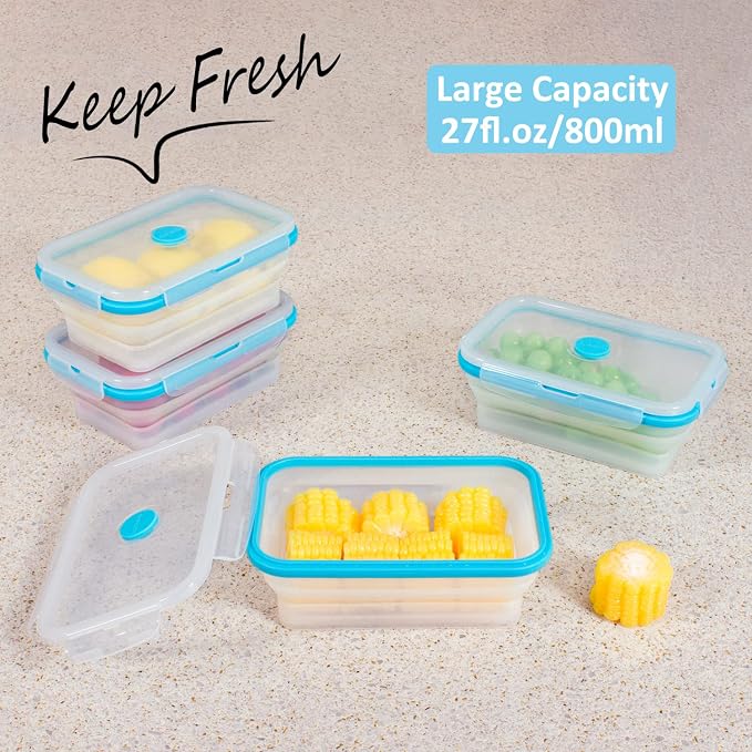 Collapsible Food Storage Containers with Airtight Lid & Vent, 27oz, Kitchen Stacking Silicone Collapsible Meal Prep Container Set for Leftover, Microwave Freezer Dishwasher Safe, Translucent, Set of 4 - Image 2