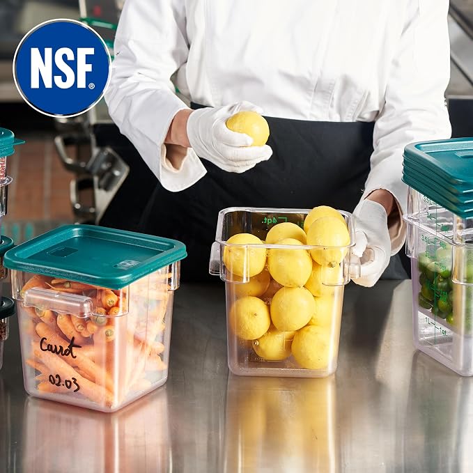 8-Pack 4 Qt NSF Clear Polycarbonate Food Storage Containers with Green Lids - Square, Commercial-Grade, Freezer & Dishwasher Safe, Stackable - Image 3