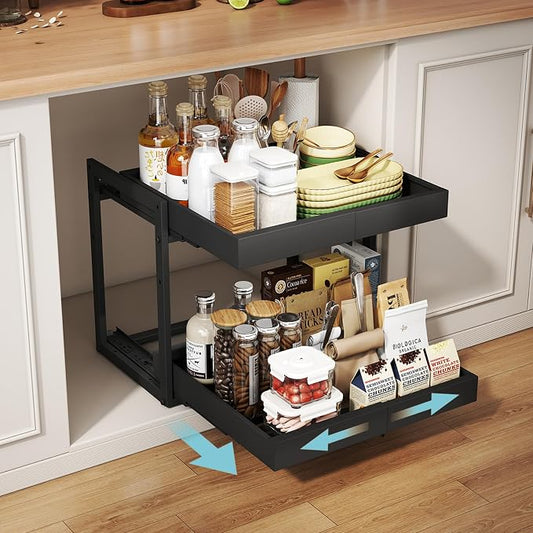2-Tier Expandable Pull Out Cabinet Organizer, Cabinet Drawers, 16"D | Cabinet Pull Out shelves, Adjustable Pantry Drawers, Slide Out Drawers for Kitchen Cabinets, Under Sink Organizer, Black by Golener