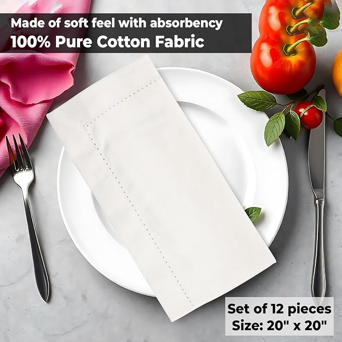 Urban Villa Hemstitch Cloth Dinner Napkins Cotton 20”x20” (Set of 6)- Ivory - Image 6