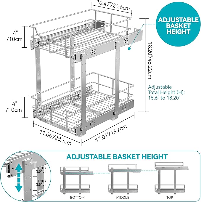 2 Tier Pull Out Cabinet Organizer 11" W X 17" D, Chromed, Full Slide Out | For Kitchen Organizers and Storage, Pull Out Drawers For Cabinets Capacity Heavy Duty Caddy, Cabinet Shelves, Bathroom Pantry - Image 2