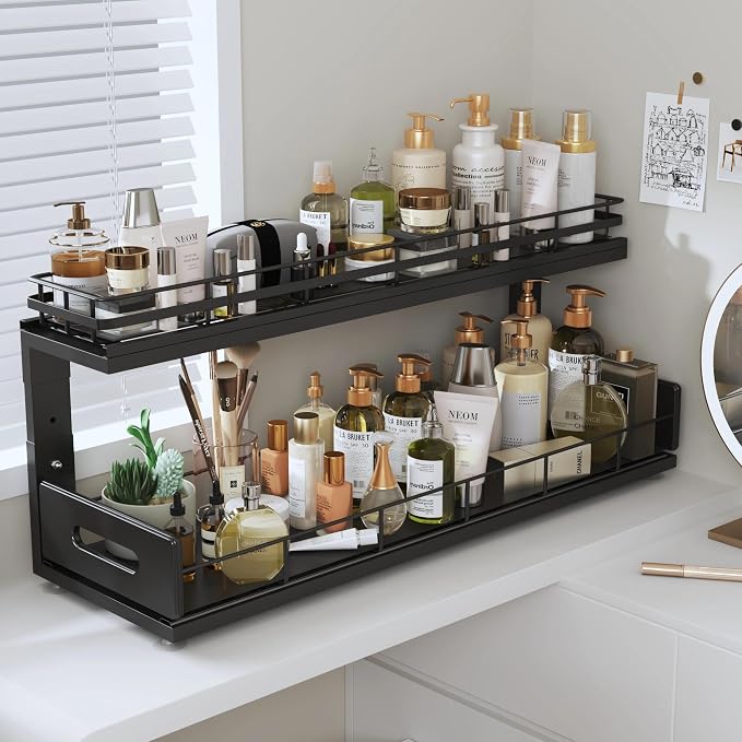 Under Sink Organizer Upgrade To Professional Rails,2-Tier Dual Pull Out Cabinet Storage,Height Adjustable Slide Out Drawers For Bathroom Kitchen,1 Pack-21"Dx12.8"-16.9"H,Black - Image 9