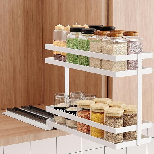 Mustorn Pull Out Spice Rack Organizer for Cabinet, 2 Tier Metal Slide Out Seasoning Organizer and Storage Heavy Duty Vertical Spice Rack Shelf Pullout for Kitchen Cabinets No Drilling(1 Pack, White) by MUSTORN