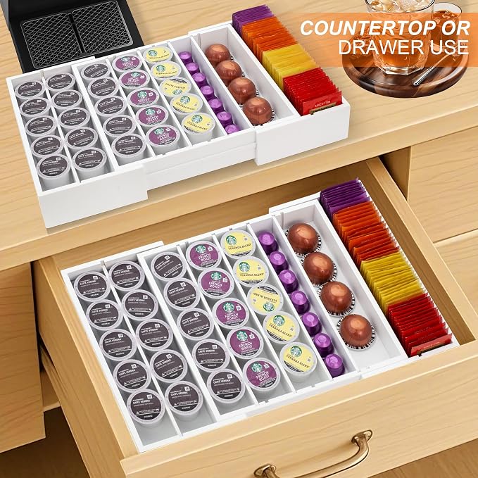 MinBoo Bamboo Drawer Organizer - Expandable K Cup & Pods Holder, Coffee Pod Storage, Tea Organizer, Versatile Kitchen Accessory Organization and Storage,White - Image 2