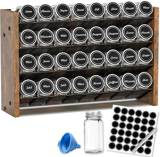 NESAPTO Spice Rack Organizer with 32 Glass Spice Jars, Wood 4-Tier Seasoning Organizer with Labels for Cabinet, Pantry, Countertop or Wall Mount, Chalk Marker and Funnel Set, 15.7" W × 9.4" H by NESAPTO