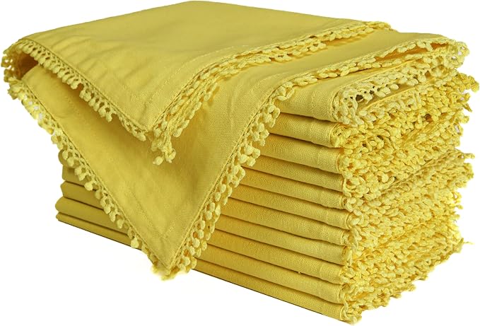 Bedding Craft Cotton Cloth Dinner Napkins Set of 12 – 18x18 Yellow with Decorative Lace Selvedge – Durable Machine Washable Fabric Napkins for Weddings, Baby Showers, Parties & Dining - Image 5