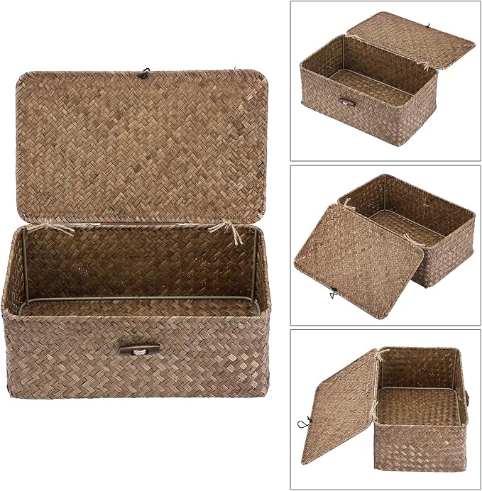 Hipiwe Wicker Shelf Baskets Bin with Lid Small Handwoven Storage Basket Box | Natural Seagrass Basket Bins Rectangular Household Basket Boxes for Shelf Wardrobe Home Organizer, Coffee - Image 3