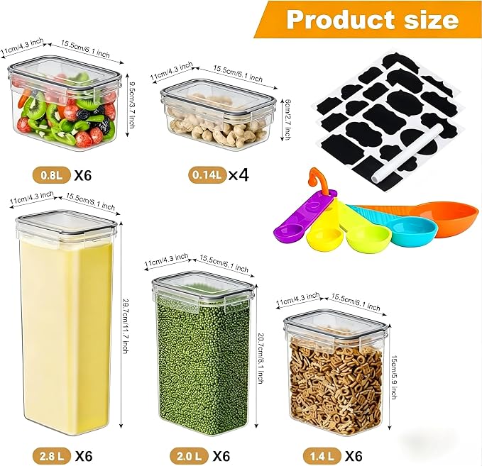 28pcs Airtight Containers, Clear Stackable Dry Food Storage | clear airtight containers with tight lids keep dry food fresh. Safe plastic, stackable for pantry kitchen storage - Image 2