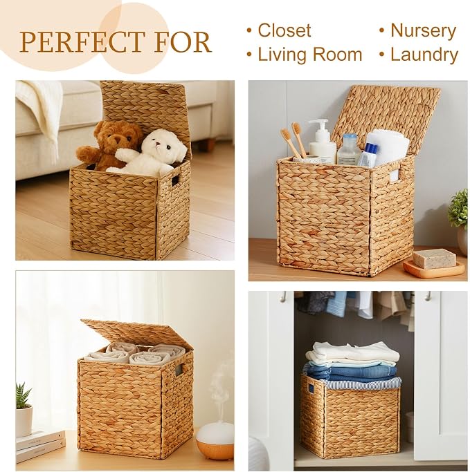 Jinei 6 Pcs Water Hyacinth Storage Baskets with Lid 12"x12"x12" Wood Color | Handwoven Wicker Bins with Handles, Wicker Cube Baskets Bulk for Shelves Organizer Laundry, Closet Bedroom - Image 7
