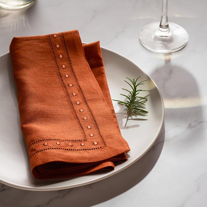 Linen Napkins Set of 4-100% Flax Linen Orange Dinner Napkins with Embroidered Dot 18 x 18 inch - Hemstitch Cloth Napkins Washable for Fall, Halloween and Thanksgiving, Autumn Decor - Image 2