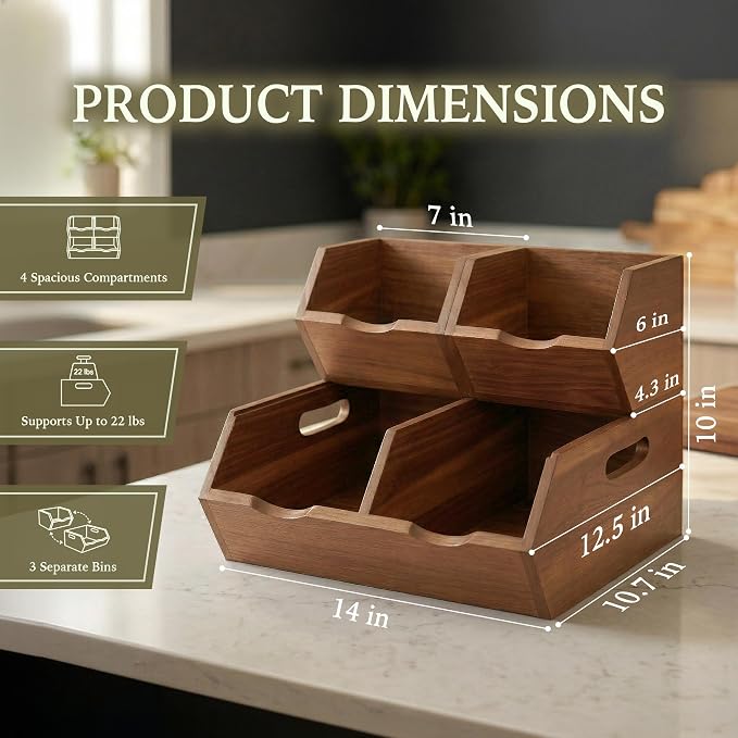 Acacia Pantry Storage Bins Set of 3, Stackable Potato Onion Wood Baskets | Open Front Vegetable and Produce Holders with Airflow, Grip Handles, Organizers for Kitchen Counter and Cabinet - Image 2