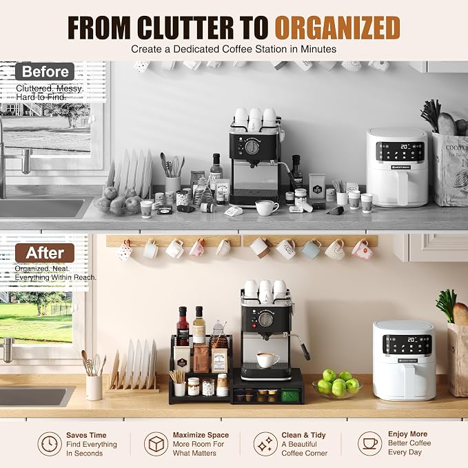 Coffee Station Organizer, 28-Pod K-Cup Holder, Coffee Bar Organizer Black | Coffee Pod Holder Drawer for Countertop,3-Tier Coffee Pod Organizer Stores Pods, Syrups, Cups & Coffee Accessories - Image 6