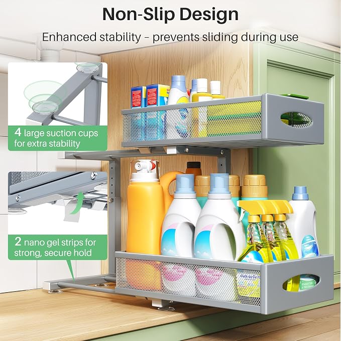 1 Pack Under Sink Organizer, 2 Tier Pull out Cabinet Organizer Mesh Baskets with 5 Adjustable Heights, Sliding Drawers Storage Shelf for Home, Kitchen, Bathroom, Pantry, Office, Countertop ,Grey - Image 6