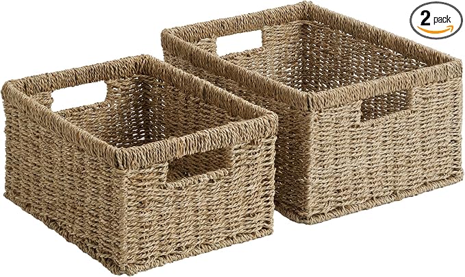 StorageWorks Wicker Storage Baskets,Natural Seagrass Storage Baskets,2-Pack | Seagrass Baskets for Storage, Seagrass Woven Storage Baskets with Built-i Handles, Decorative Woven Baskets for Storage by StorageWorks