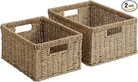 StorageWorks Wicker Storage Baskets,Natural Seagrass Storage Baskets,2-Pack | Seagrass Baskets for Storage, Seagrass Woven Storage Baskets with Built-i Handles, Decorative Woven Baskets for Storage by StorageWorks