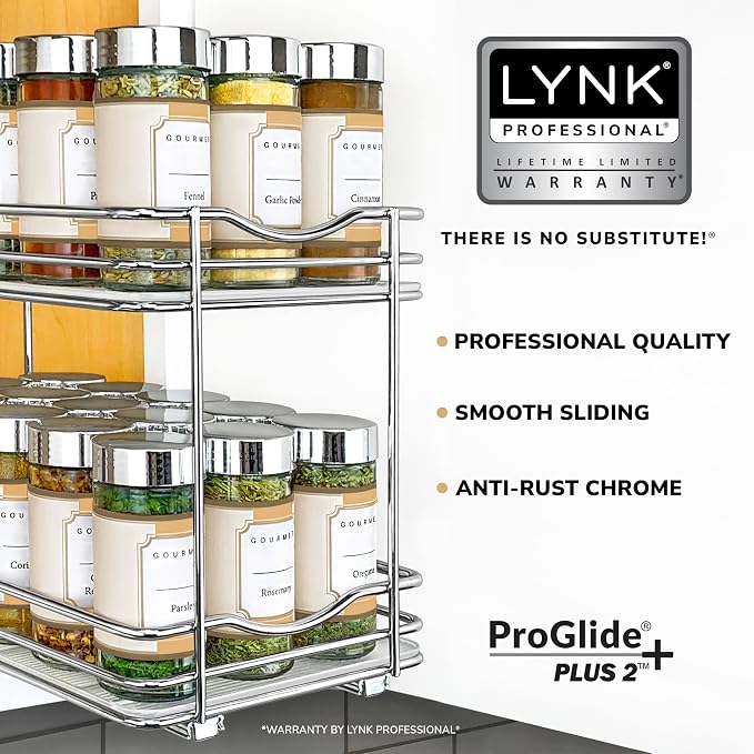 LYNK PROFESSIONAL® Pull Out Spice Organization for Cabinets - 6-3/8 inch Wide – Spice Rack for Inside Cabinets, Slide Out Spice Rack Organizer for cabinet – Pull Out Spice Rack, Sliding 2 Tier Chrome - Image 2