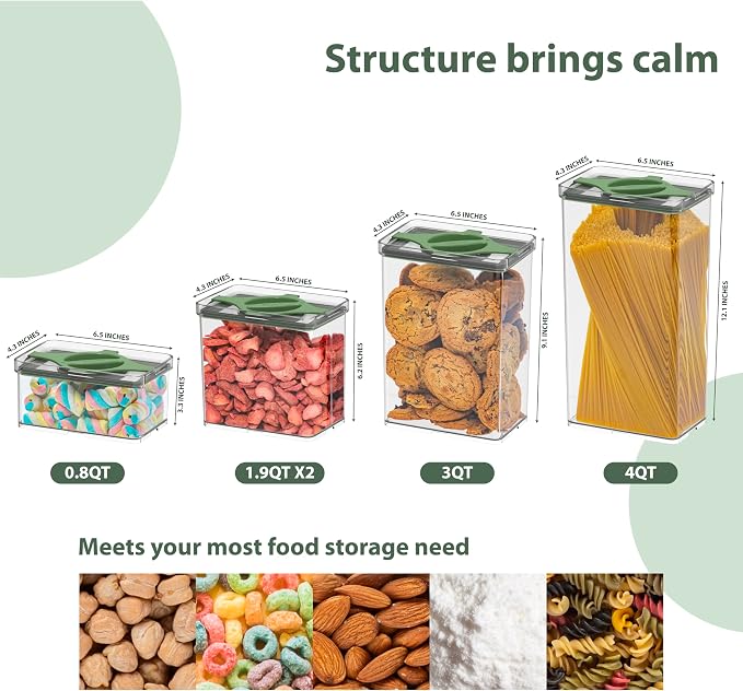 Airtight Pantry Storage Container 5 PC Set Twist-Lock Lid, Sand | 0.8qt, 1.9qt ×2, 3qt, 4qt Leakproof Detachable Lid for Easy Cleaning, Cereal, Pasta, Rice, Oats, Snack Storage BPA-free - Image 3