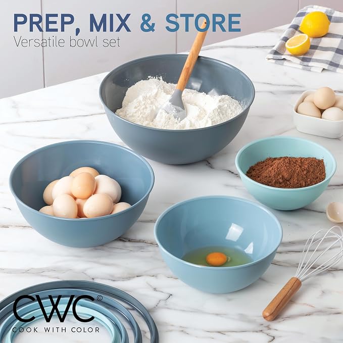 COOK WITH COLOR Mixing Bowls with Lids - 12 Piece Plastic Nesting Bowls Set includes 6 Prep Bowls and 6 Lids, Microwave Safe Mixing Bowl Set, Blue Tritan Lid - Image 2
