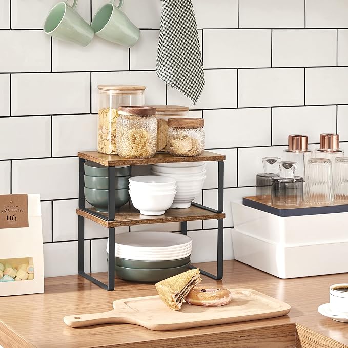 SONGMICS Set of 2 Cabinet Organizers and Countertop Shelves Bundle, Kitchen Counter Shelving, Stackable and Expandable, Rustic and Black and Natural UKCS02NB and UKCS020X01 - Image 5