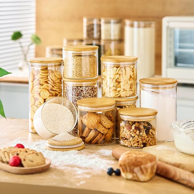 17 oz Glass Jars with Bamboo Lids, Airtight Food Storage Containers, 12Pack | Round Small Pantry Jars for Spices, Nuts & Seeds , 3mm Borosilicate Glass Canisters Keep Food Fresh, Easy to Fill & Clean - Image 2