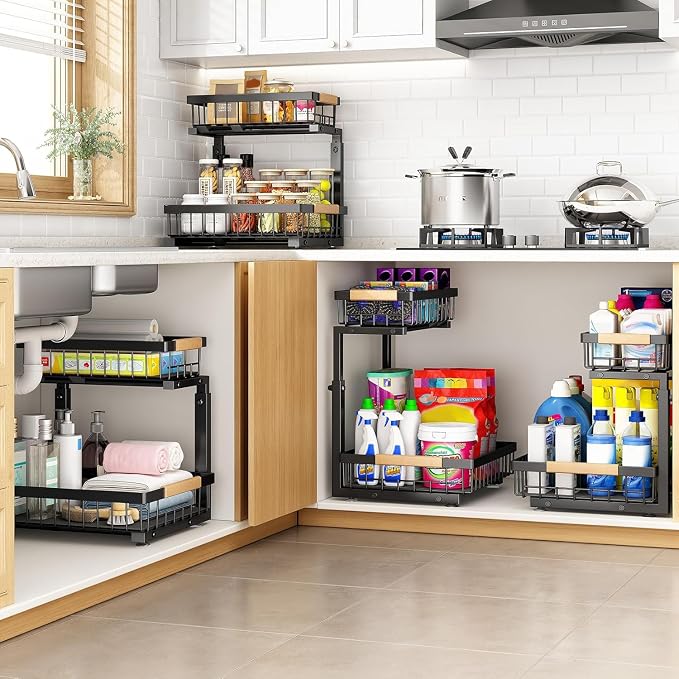 PXRACK Under Sink Organizer, Adjustable Height, 2 Tier Pull Out Under Cabinet Organizer, Slide Out Thickened Metal Under Sink Storage for Kitchen Bathroom Laundry Pantry Cabinet, Black, Large-1-Pack - Image 8