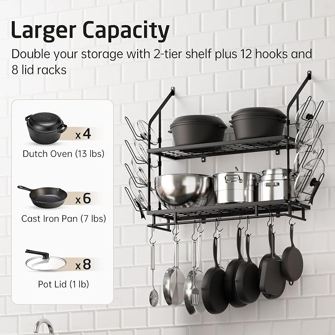 KES 30-Inch Pot Rack Wall Mounted, 8 Secure Lid Holders & 12 Sturdy Hooks | 2-Tier Kitchen Hanging Pot and Pan Organizer, Ample Storage for Tall Cookware, KUR215S75C-BK - Image 2