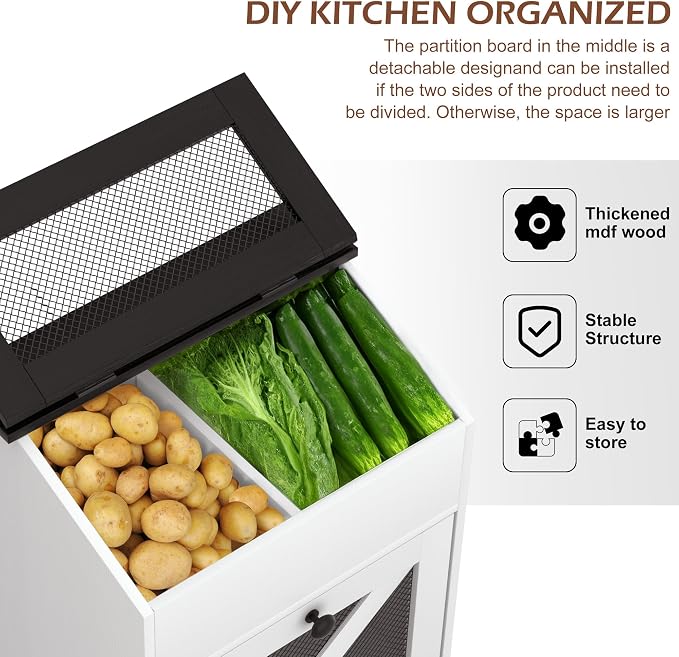 Wooden Potato and Onion Storage Bin w/Lid, Large Capacity and Ventilated Design, Ideal for Pantry, Kitchen White - Image 7