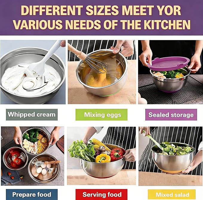 Umite Chef Thickened Heavy-Duty 26pcs Stainless Steel Bowl, Mixing Bowl Set with Lid, Grater Attachment, Colorful Non-Slip Bottom and Kitchen Gadget Set, Sizes 7, 4, 2.5, 2.0, 1.5, 1QT - Image 4