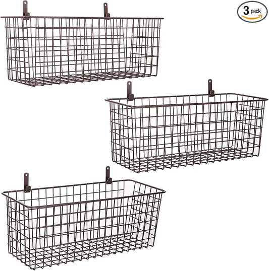 3 Set [Extra Large] Hanging Wall Basket for Storage, Wall Mount Sturdy Steel Wire Baskets, Metal Hang Cabinet Bin Wall Shelves, Rustic Farmhouse Decor, Kitchen Bathroom Organizer, Brown by AOZITA