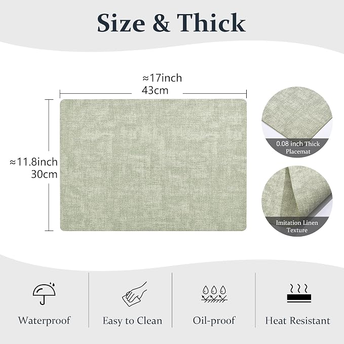 FROMHEART Faux Leather PU Placemats Set of 8 (Light Green,11.8" x 17") | Waterproof,Heat/Oil Stain-Resistant Table Mat–Reversible,Non-Slip,Easy to Clean Place Mats for Kitchen,Dining,Indoor/Outdoor - Image 3