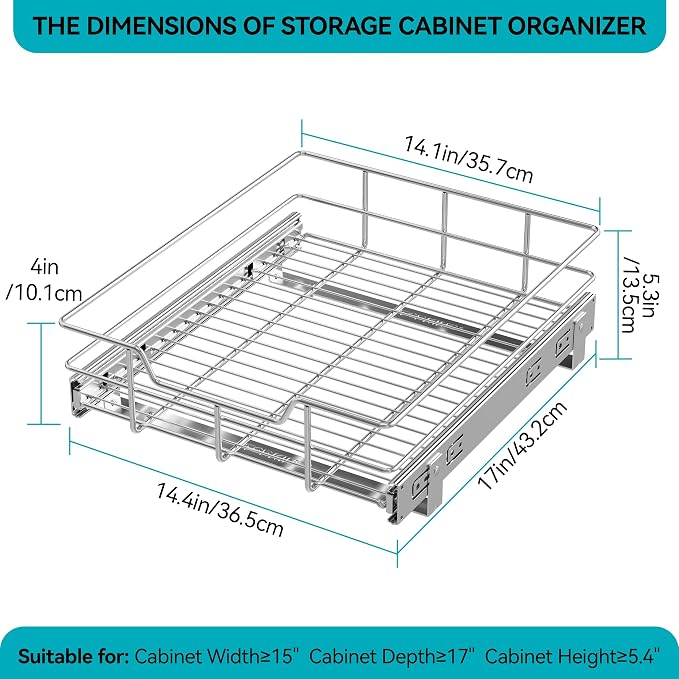 Pull Out Cabinet Organizer 15" W X 17" D, Chromed, Full Slide Out Drawers | For Kitchen Organizers and Storage, Pull Out Drawers For Cabinets Capacity Heavy Duty Caddy, Cabinet Shelves, Bathroom Pantry - Image 2