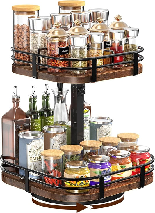 12" Large Lazy Susan Turntable Organizer - 2 Tier Spice Rack for Table Top | Rotating Wood Spice Cabinet Organizer for Pantry Kitchen Countertop Coffee Bar Cupboard Bathroom Vanity Storage by OFUSUY
