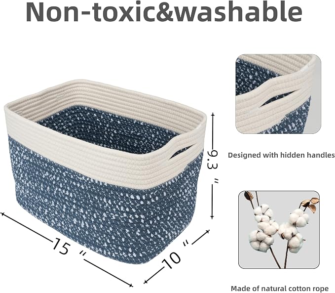 XUANGUO Woven Cotton Rope Storage Baskets 15x10x9.3" 3 Pack White and Blue | Decorative rectangular storage baskets for shelves and closets; storage bins organize clothes, toys, books and nursery items. - Image 2