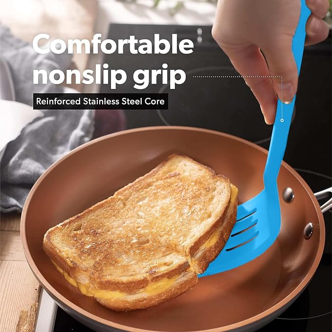 New DI ORO Silicone Turner Spatula Set - Kitchen Spatulas for Nonstick Cookware - Cooking Utensils for Flipping Eggs & Pancakes - 600°F Heat-Resistant BPA Free Turners - Dishwasher Safe (4pc, Blue) - Image 4