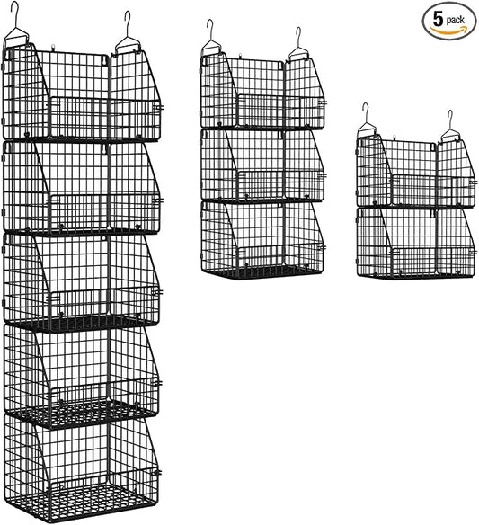 PUPPYCUTE Stackable Wire Storage Baskets for Kitchen Closet Pantry, Hanging Closet Organizers Storage Shelves Organization, Wall Mount Metal Basket Bins, Clothing Vegetable & Fruit Organizer 5 pcs by PUPPYCUTE