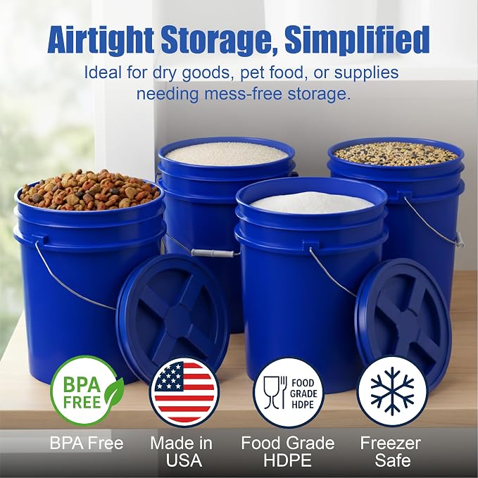 5 Gallon Bucket - Food Grade w/Lid BPA-Free, Blue/Blue, 3 | Airtight Gamma Seal Screw-On Lid, Heavy-Duty 90 Mil HDPE Plastic, Food Safe and Durable Container, Bulk Storage, Made in USA - Image 2