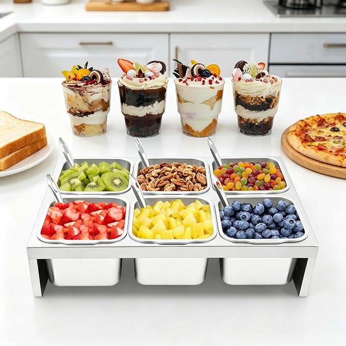 Pizza Topping Station Condiment Container Food Prep Ingredients Holder | Stainless Steel Container Set Spice Rack with 6 Pans& Lids&6* Spoons, Kitchen Restaurants Buffet Pizza Oven Accessories - Image 7