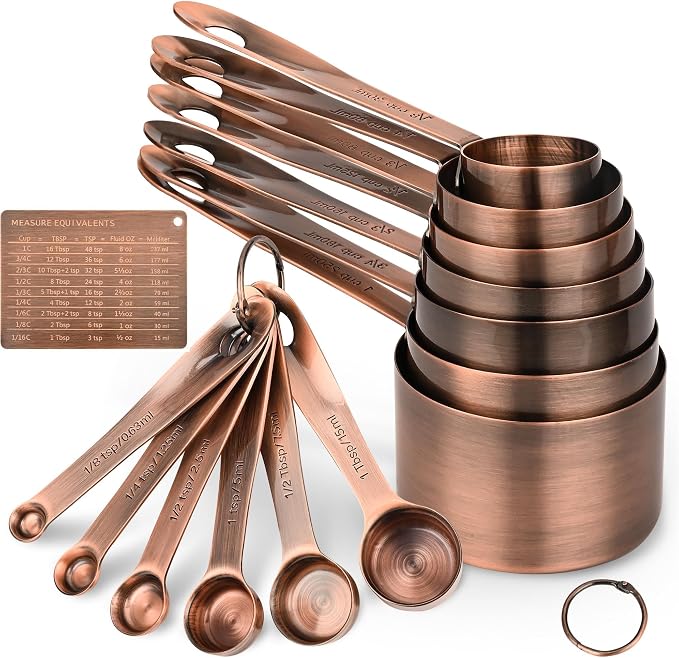 Copper Measuring Cups and Spoons Set 16, Dry&Liquid Stainless Steel Measuring Cups and Spoons, 7 Metric&US Measing Cups & 6 Measuring Spoons & Measure Equivalents for Kitchen&Baking by Viwehots