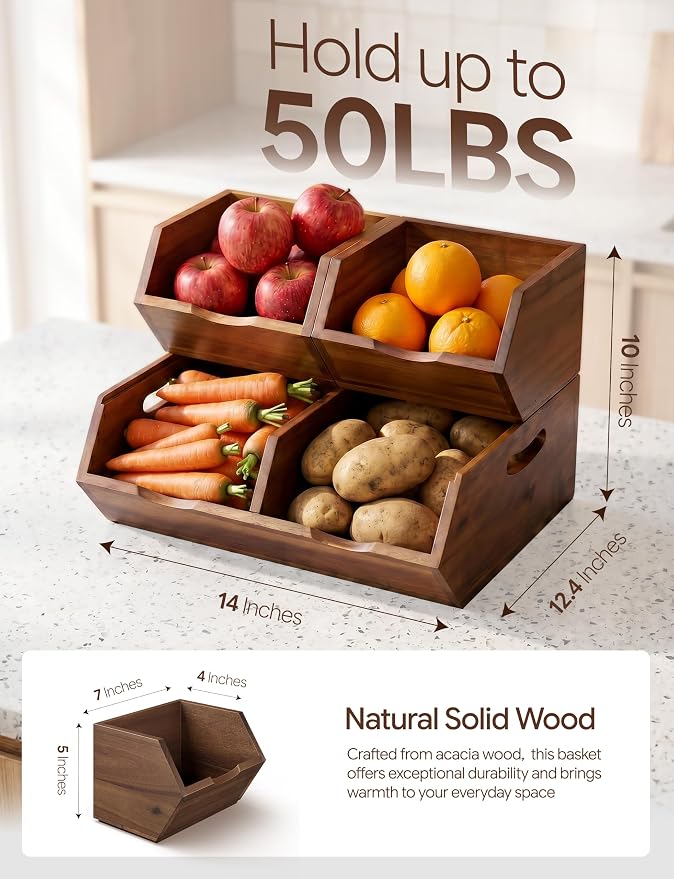 Tidita Wood Potato and Onion Storage Bin, Set of 3, Stackable, Walnut Color | Acacia Wood, Built-in Handles, Ventilated Pantry Storage Bins, 50LBS Capacity, Non-Skid Pads, Slatted Bottoms, Multi-Use - Image 2